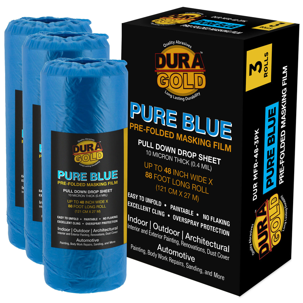 48" x 88' Pure Blue Pre-Folded Masking Film, (3 Pack) Painters Plastic Roll (0.4 Mil), Pull Down Drop Sheet, Pre-Folded Plastic Sheeting