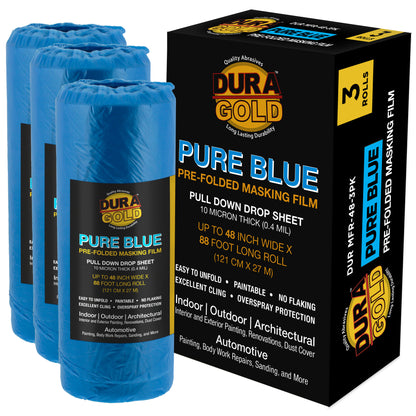 48" x 88' Pure Blue Pre-Folded Masking Film, (3 Pack) Painters Plastic Roll (0.4 Mil), Pull Down Drop Sheet, Pre-Folded Plastic Sheeting