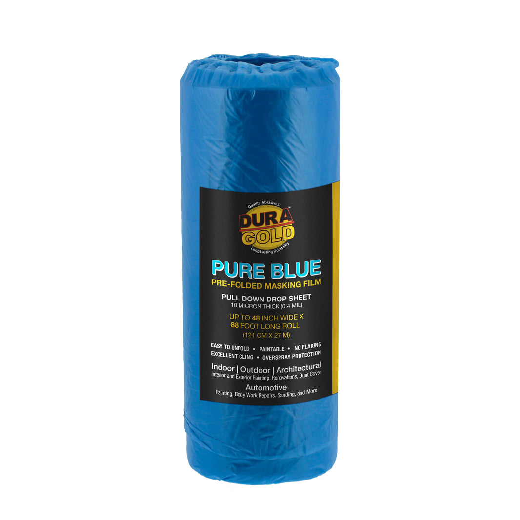 48" x 88' Pure Blue Pre-Folded Masking Film - Painters Plastic Roll (0.4 Mil) Pull Down Drop Sheet, Pre-Folded Plastic Sheeting