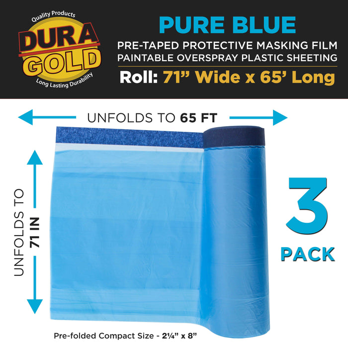 71" Wide x 65' Long Roll of Pure Blue Pre-Taped Masking Film, 3 Pack - Overspray Paintable Plastic Protective Sheeting, Pull Down Drop Sheet