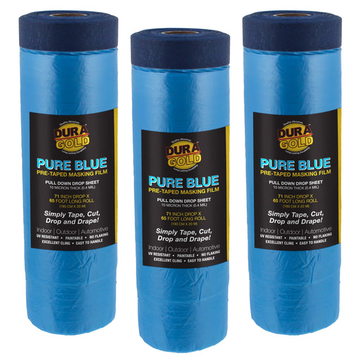 71" Wide x 65' Long Roll of Pure Blue Pre-Taped Masking Film, 3 Pack - Overspray Paintable Plastic Protective Sheeting, Pull Down Drop Sheet