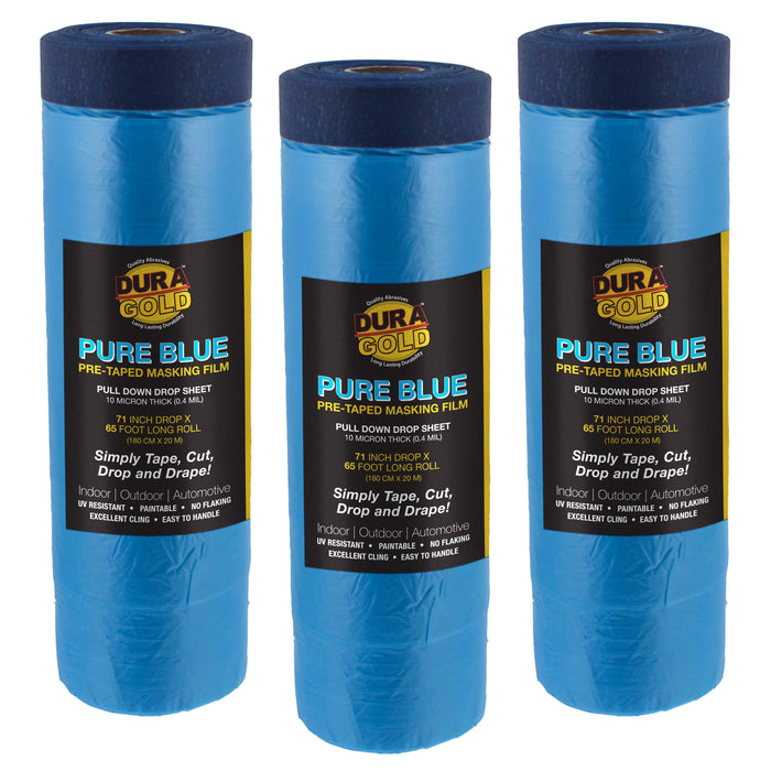 71" Wide x 65' Long Roll of Pure Blue Pre-Taped Masking Film, 3 Pack - Overspray Paintable Plastic Protective Sheeting, Pull Down Drop Sheet