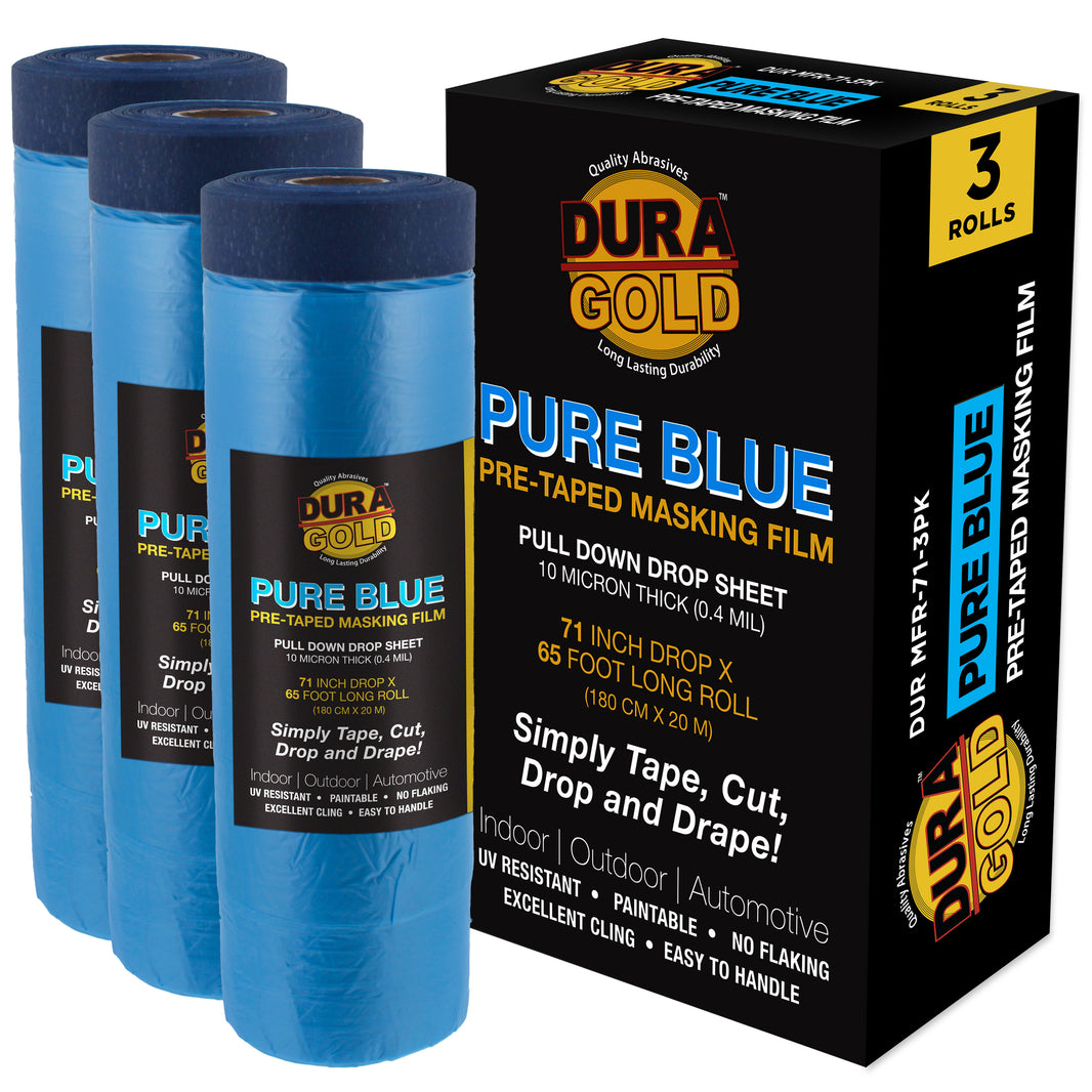 71" x 65' Pure Blue Pre-Taped Masking Film, (3 Pack) Painters Plastic Roll (0.4 Mil), Pull Down Drop Sheet, Pre-Taped Plastic Sheeting