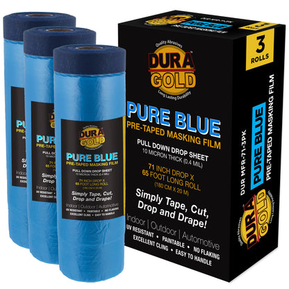 71" x 65' Pure Blue Pre-Taped Masking Film, (3 Pack) Painters Plastic Roll (0.4 Mil), Pull Down Drop Sheet, Pre-Taped Plastic Sheeting