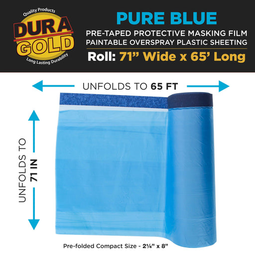 71" Wide x 65' Long Roll Pure Blue Pre-Taped Masking Film, Pre-Folded Overspray Paintable Plastic Protective Sheeting, Pull Down Drop Sheet