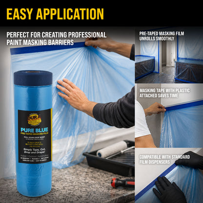 71" x 65' Pure Blue Pre-Taped Masking Film - Painters Plastic Roll (0.4 Mil) Pull Down Drop Sheet, Pre-Taped Plastic Sheeting