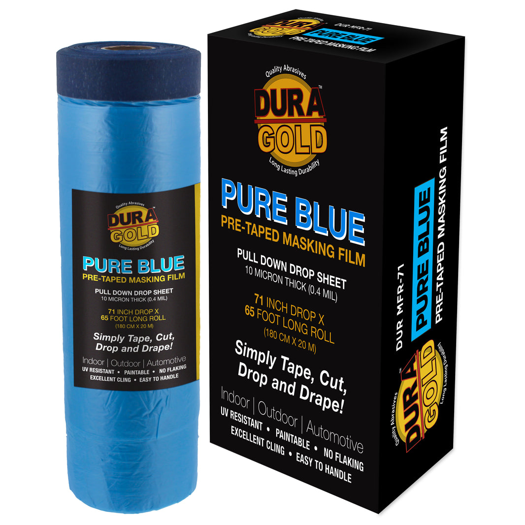 71" x 65' Pure Blue Pre-Taped Masking Film - Painters Plastic Roll (0.4 Mil) Pull Down Drop Sheet, Pre-Taped Plastic Sheeting