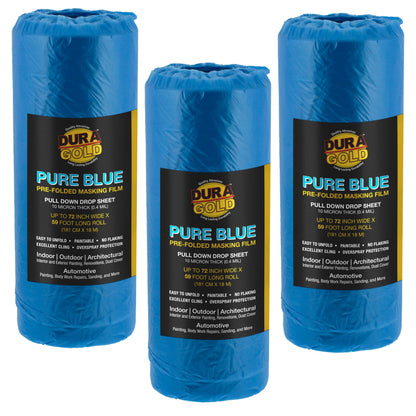 72" x 59' Pure Blue Pre-Folded Masking Film, (3 Pack) Painters Plastic Roll (0.4 Mil), Pull Down Drop Sheet, Pre-Folded Plastic Sheeting