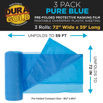 72" x 59' Pure Blue Pre-Folded Masking Film, (3 Pack) Painters Plastic Roll (0.4 Mil), Pull Down Drop Sheet, Pre-Folded Plastic Sheeting