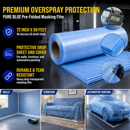 72" x 59' Pure Blue Pre-Folded Masking Film, (3 Pack) Painters Plastic Roll (0.4 Mil), Pull Down Drop Sheet, Pre-Folded Plastic Sheeting