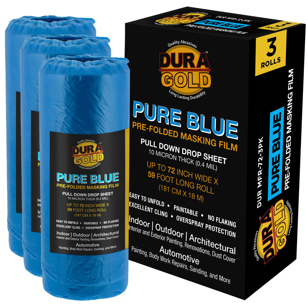 72" x 59' Pure Blue Pre-Folded Masking Film, (3 Pack) Painters Plastic Roll (0.4 Mil), Pull Down Drop Sheet, Pre-Folded Plastic Sheeting
