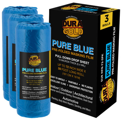 72" x 59' Pure Blue Pre-Folded Masking Film, (3 Pack) Painters Plastic Roll (0.4 Mil), Pull Down Drop Sheet, Pre-Folded Plastic Sheeting