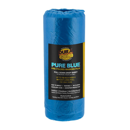 72" x 59' Pure Blue Pre-Folded Masking Film - Painters Plastic Roll (0.4 Mil) Pull Down Drop Sheet, Pre-Folded Plastic Sheeting