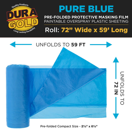72" Wide x 59' Long Roll of Pure Blue Pre-Folded Masking Film, 0.4 Mil Overspray Paintable Plastic Protective Sheeting, Pull Down Drop Sheet