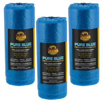 95" x 44' Pure Blue Pre-Folded Masking Film, (3 Pack) Painters Plastic Roll (0.4 Mil), Pull Down Drop Sheet, Pre-Folded Plastic Sheeting