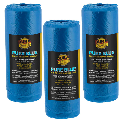 95" Wide x 44' Long Roll of Pure Blue Pre-Folded Masking Film, 3 Pack - Overspray Paintable Plastic Protective Sheeting, Pull Down Drop Sheet