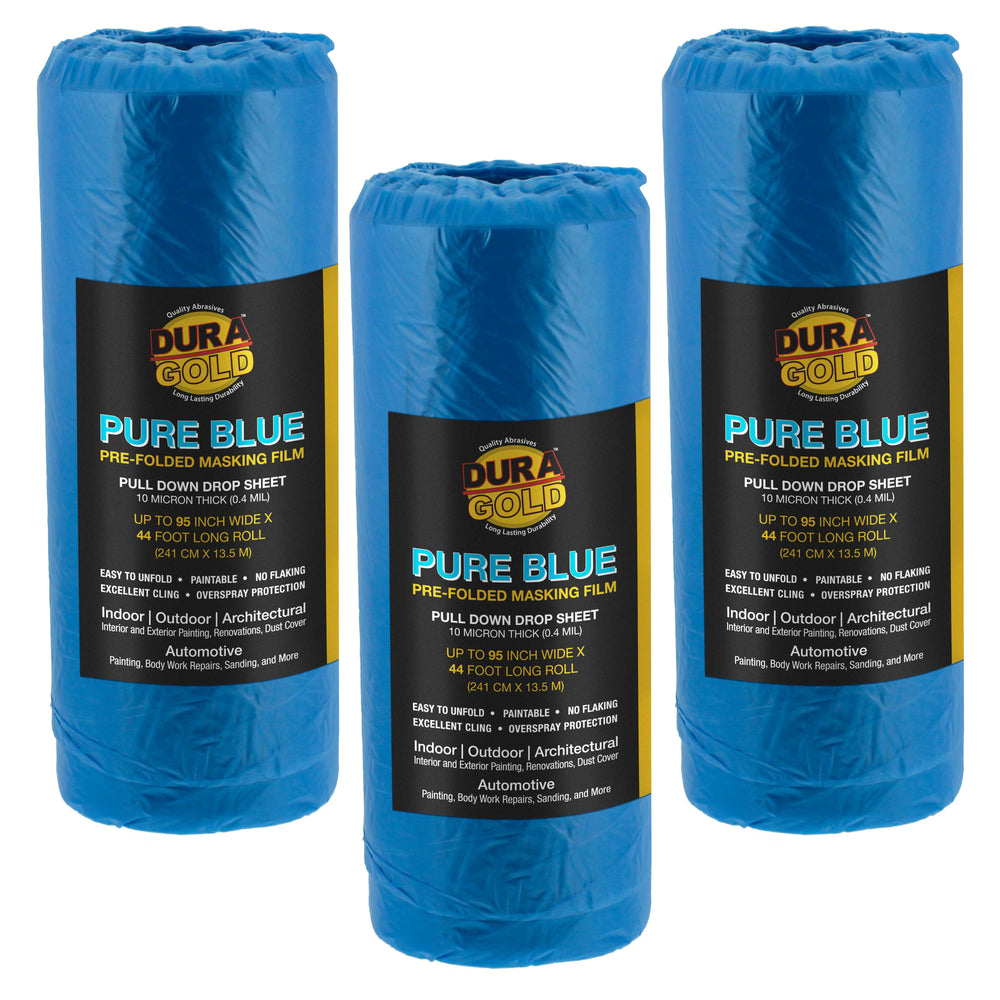 95" Wide x 44' Long Roll of Pure Blue Pre-Folded Masking Film, 3 Pack - Overspray Paintable Plastic Protective Sheeting, Pull Down Drop Sheet