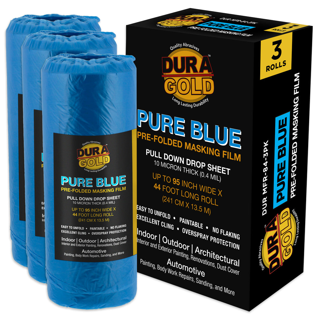 95" x 44' Pure Blue Pre-Folded Masking Film, (3 Pack) Painters Plastic Roll (0.4 Mil), Pull Down Drop Sheet, Pre-Folded Plastic Sheeting