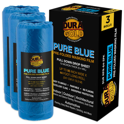 95" x 44' Pure Blue Pre-Folded Masking Film, (3 Pack) Painters Plastic Roll (0.4 Mil), Pull Down Drop Sheet, Pre-Folded Plastic Sheeting