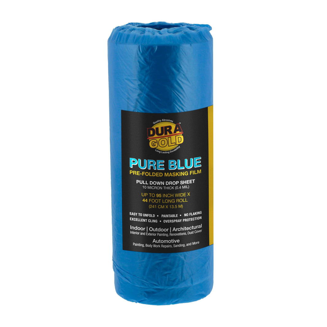 95" x 44' Pure Blue Pre-Folded Masking Film - Painters Plastic Roll (0.4 Mil) Pull Down Drop Sheet, Pre-Folded Plastic Sheeting