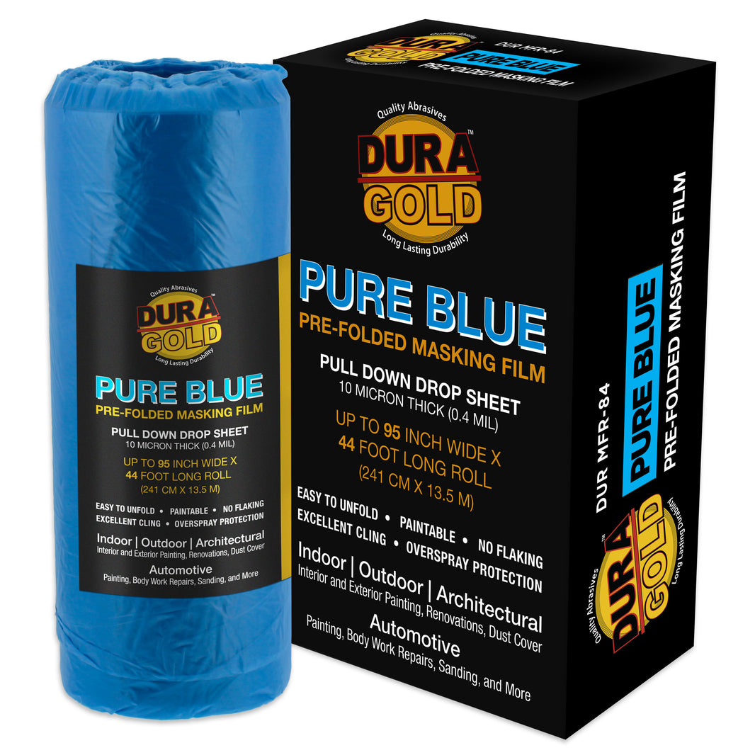 95" x 44' Pure Blue Pre-Folded Masking Film - Painters Plastic Roll (0.4 Mil) Pull Down Drop Sheet, Pre-Folded Plastic Sheeting