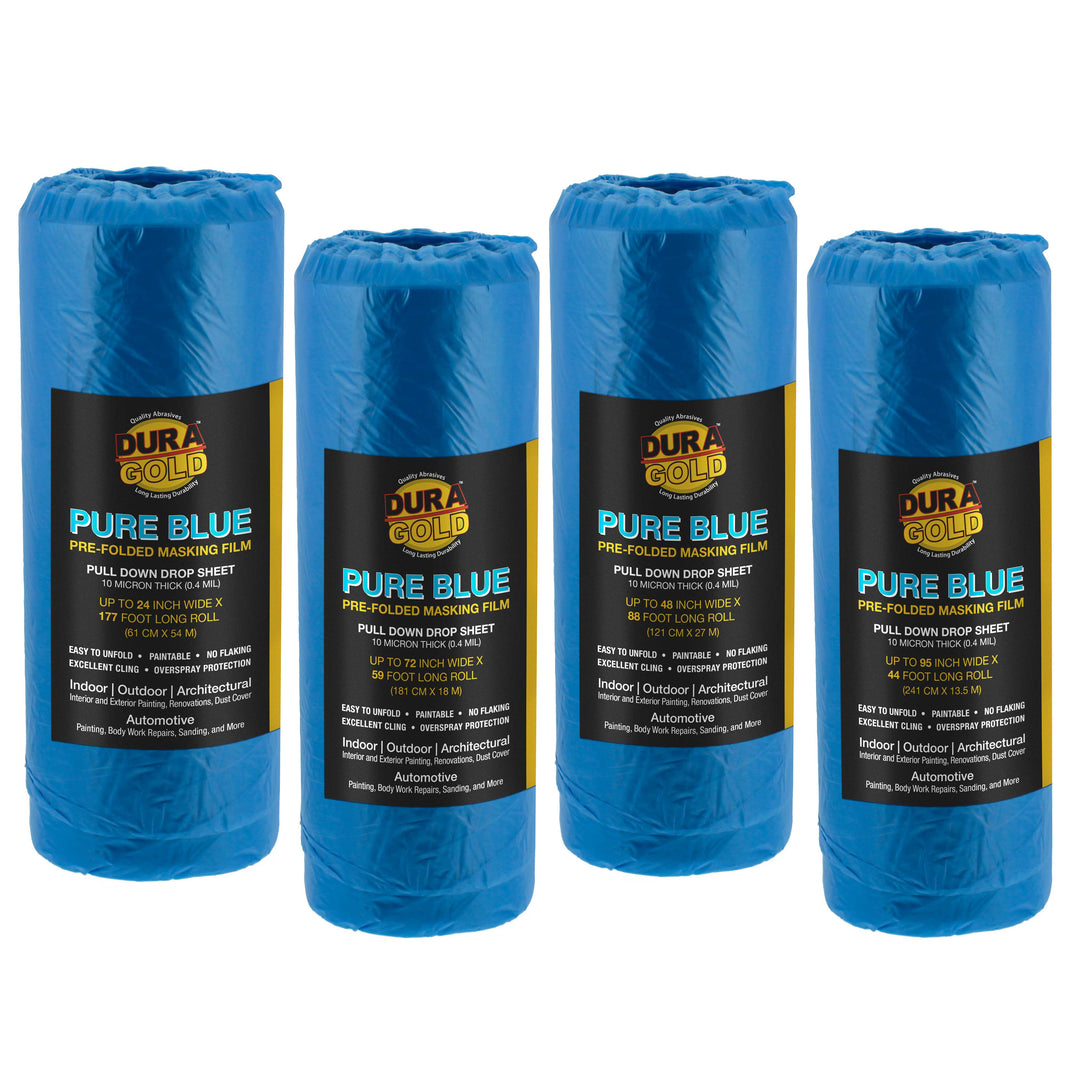 Pure Blue Pre-Folded Masking Film, (4 Pack of 24", 48", 72", 95") Painters Plastic Roll, Pull Down Drop Sheet, Pre-Folded Plastic Sheeting