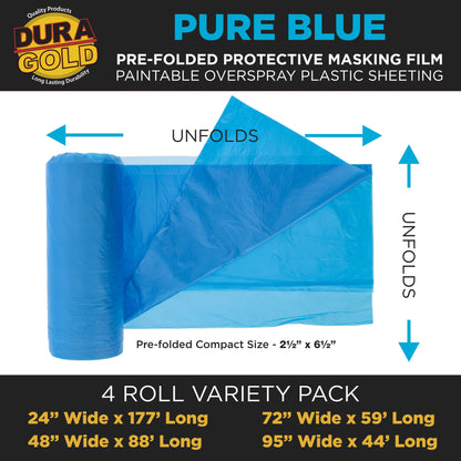 Pure Blue Pre-Folded Masking Film, (4 Pack of 24", 48", 72", 95") Painters Plastic Roll, Pull Down Drop Sheet, Pre-Folded Plastic Sheeting