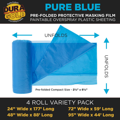 Pure Blue Pre-Folded Masking Film, 4 Roll Variety Pack 24" 48" 72" 95", Overspray Paintable Plastic Protective Sheeting, Pull Down Drop Sheet