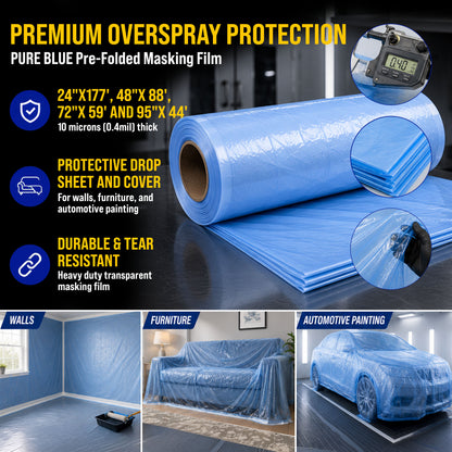 Pure Blue Pre-Folded Masking Film, (4 Pack of 24", 48", 72", 95") Painters Plastic Roll, Pull Down Drop Sheet, Pre-Folded Plastic Sheeting