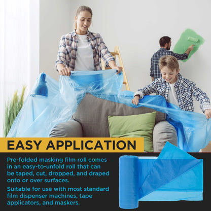 Pure Blue Pre-Folded Masking Film, (4 Pack of 24", 48", 72", 95") Painters Plastic Roll, Pull Down Drop Sheet, Pre-Folded Plastic Sheeting