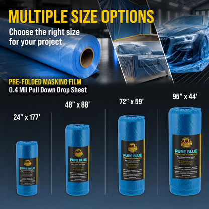 Pure Blue Pre-Folded Masking Film, (4 Pack of 24", 48", 72", 95") Painters Plastic Roll, Pull Down Drop Sheet, Pre-Folded Plastic Sheeting