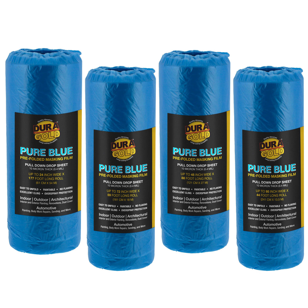 Pure Blue Pre-Folded Masking Film, 4 Roll Variety Pack 24" 48" 72" 95", Overspray Paintable Plastic Protective Sheeting, Pull Down Drop Sheet