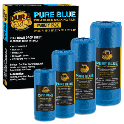 Pure Blue Pre-Folded Masking Film, (4 Pack of 24", 48", 72", 95") Painters Plastic Roll, Pull Down Drop Sheet, Pre-Folded Plastic Sheeting