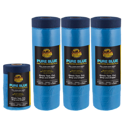 Pure Blue Pre-Taped Masking Film, 4 Roll Variety Pack 22" 43" 71" 106", Overspray Paintable Plastic Protective Sheeting, Pull Down Drop Sheet