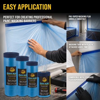 Pure Blue Pre-Taped Masking Film, (4 Pack of 22", 43", 71", 106") Painters Plastic Roll, Pull Down Drop Sheet, Pre-Taped Plastic Sheeting