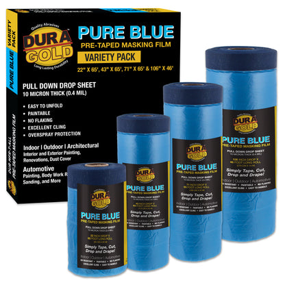 Pure Blue Pre-Taped Masking Film, (4 Pack of 22", 43", 71", 106") Painters Plastic Roll, Pull Down Drop Sheet, Pre-Taped Plastic Sheeting