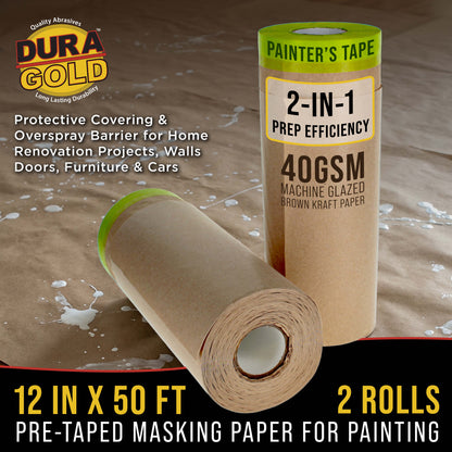 Pre-Taped Masking Paper for Painting (12" x 50', 2 Rolls) - Tape and Drape Painters Paper, Protective Covering, Overspray Barrier