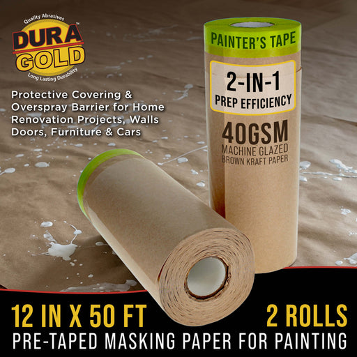 Pre-Taped Masking Paper for Painting (12" x 50', 2 Rolls) - Tape and Drape Painters Paper, Protective Covering, Overspray Barrier for Home Renovation Projects, Walls Doors, Furniture, Cars