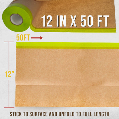 Pre-Taped Masking Paper for Painting (12" x 50', 2 Rolls) - Tape and Drape Painters Paper, Protective Covering, Overspray Barrier