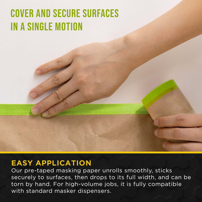 Pre-Taped Masking Paper for Painting (12" x 50', 2 Rolls) - Tape and Drape Painters Paper, Protective Covering, Overspray Barrier