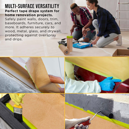 Pre-Taped Masking Paper for Painting (12" x 50', 2 Rolls) - Tape and Drape Painters Paper, Protective Covering, Overspray Barrier
