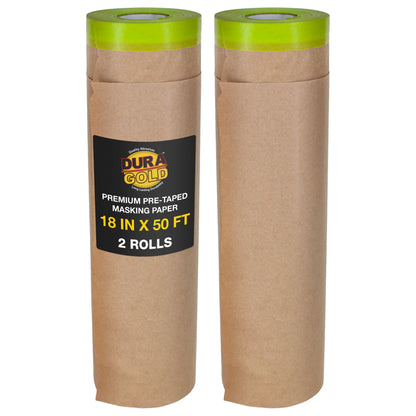 Pre-Taped Masking Paper for Painting (18" x 50', 2 Rolls) - Tape and Drape Painters Paper, Protective Covering, Overspray Barrier