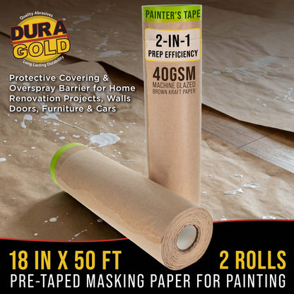 Pre-Taped Masking Paper for Painting (18" x 50', 2 Rolls) - Tape and Drape Painters Paper, Protective Covering, Overspray Barrier
