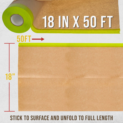 Pre-Taped Masking Paper for Painting (18" x 50', 2 Rolls) - Tape and Drape Painters Paper, Protective Covering, Overspray Barrier