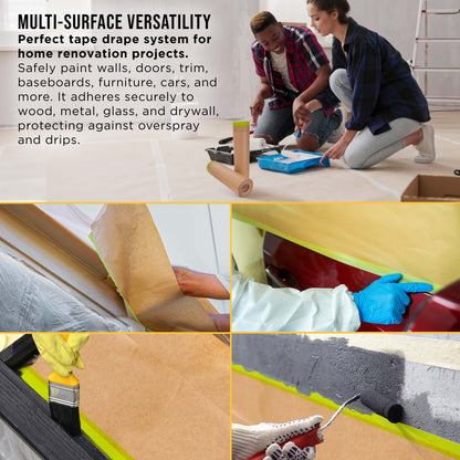 Pre-Taped Masking Paper for Painting (18" x 50', 2 Rolls) - Tape and Drape Painters Paper, Protective Covering, Overspray Barrier