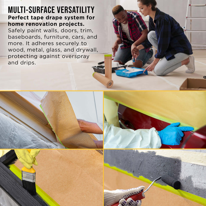 Pre-Taped Masking Paper for Painting (18" x 50', 2 Rolls) - Tape and Drape Painters Paper, Protective Covering, Overspray Barrier for Home Renovation Projects, Walls Doors, Furniture, Cars