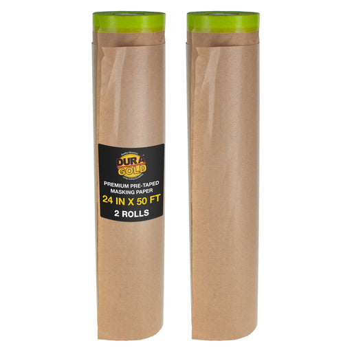 Pre-Taped Masking Paper for Painting (24" x 50', 2 Rolls) - Tape and Drape Painters Paper, Protective Covering, Overspray Barrier for Home Renovation Projects, Walls Doors, Furniture, Cars