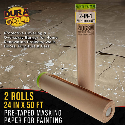 Pre-Taped Masking Paper for Painting (24" x 50', 2 Rolls) - Tape and Drape Painters Paper, Protective Covering, Overspray Barrier