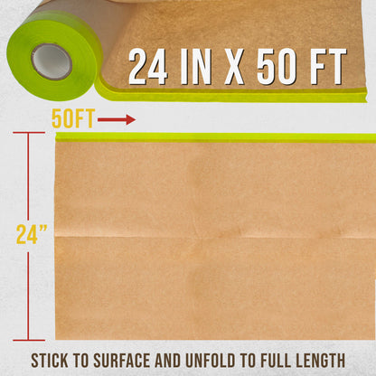 Pre-Taped Masking Paper for Painting (24" x 50', 2 Rolls) - Tape and Drape Painters Paper, Protective Covering, Overspray Barrier