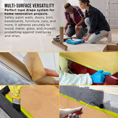 Pre-Taped Masking Paper for Painting (24" x 50', 2 Rolls) - Tape and Drape Painters Paper, Protective Covering, Overspray Barrier